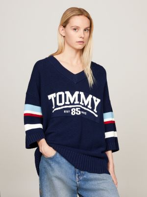 blue genderneutraler varsity-halbarm-pullover in color block für herren - tommy jeans