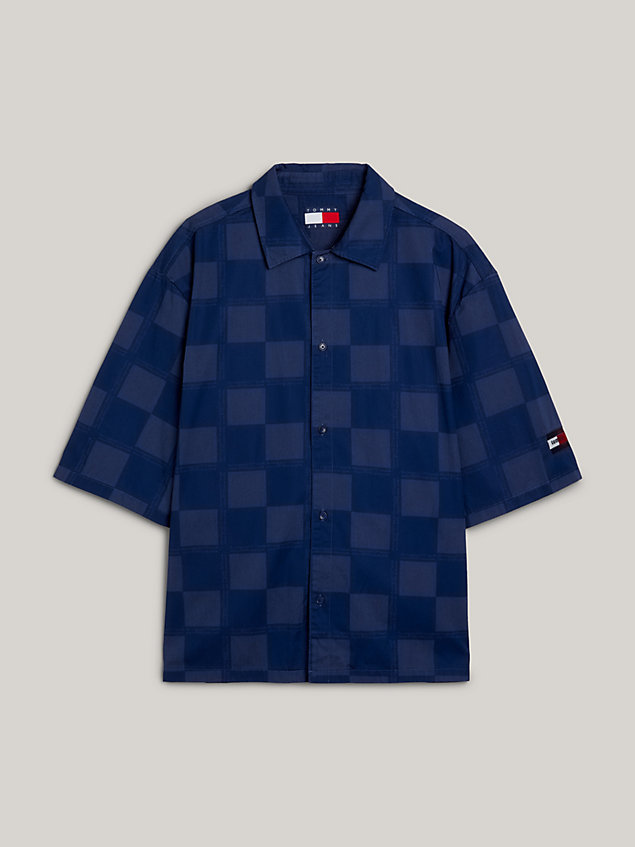 blue dual gender checkerboard boxy short sleeve shirt for men tommy jeans