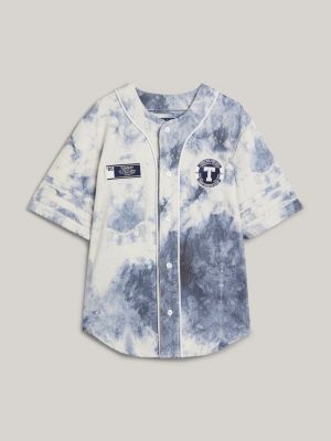 Dual Gender Varsity Tie-Dye Short Sleeve Denim Shirt