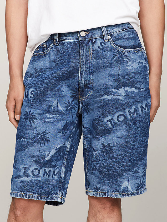 shorts aiden baggy fit con motivo hawaiano denim da uomini tommy jeans