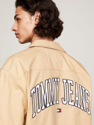 beige varsity oversized back logo overshirt for men tommy jeans