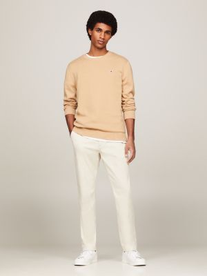 beige essential slim fit pullover mit flag-patch für herren - tommy jeans
