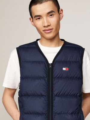 blue lightweight colour-blocked flag v-neck down vest for men tommy jeans