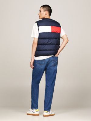 blue lightweight colour-blocked flag v-neck down vest for men tommy jeans