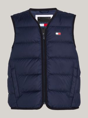 blue lightweight colour-blocked flag v-neck down vest for men tommy jeans