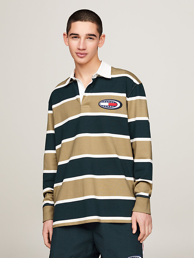beige archive stripe oversized rugby shirt for men tommy jeans