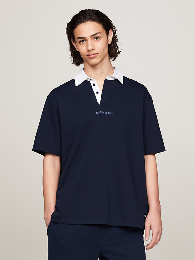 blue classics contrast collar oversized rugby polo for men tommy jeans