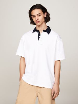 Polo Tommy Hilfiger en coton piqué colorblock blanc, bleu nuit et rouge |  Rue Des Hommes