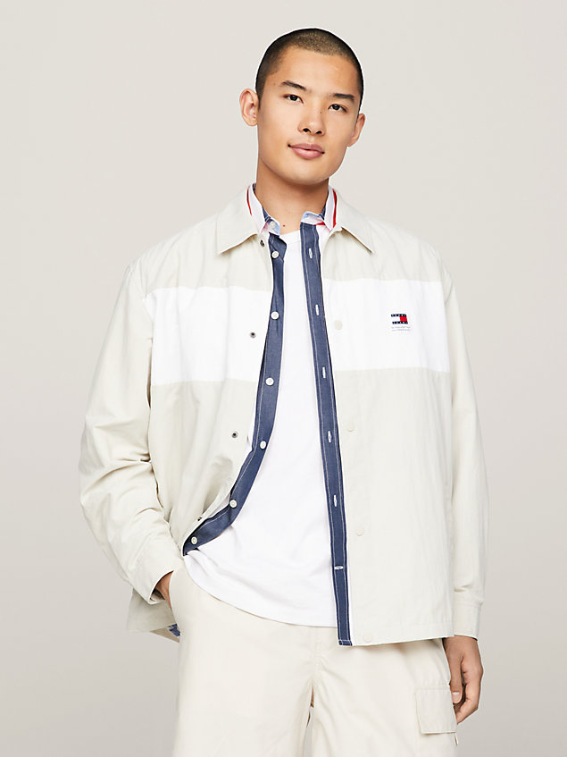 beige snap-button colour-blocked overshirt for men tommy jeans