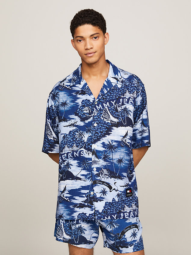 purple hawaiian print camp collar short sleeve shirt for men tommy jeans