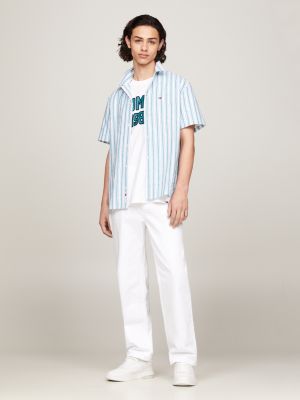 blue kurzarmhemd mit kubanischem kragen für herren - tommy jeans