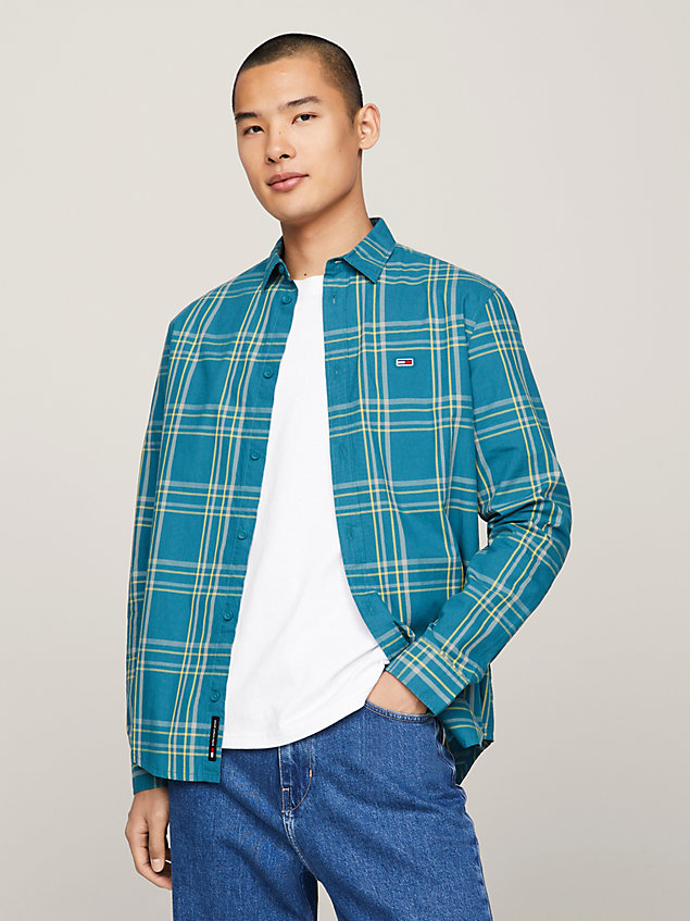 blue mixed check regular fit poplin shirt for men tommy jeans