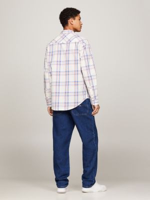 white mixed check regular fit poplin shirt for men tommy jeans