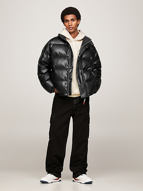 black tommy remastered tonal colour-blocked alaska puffer jacket for men tommy jeans