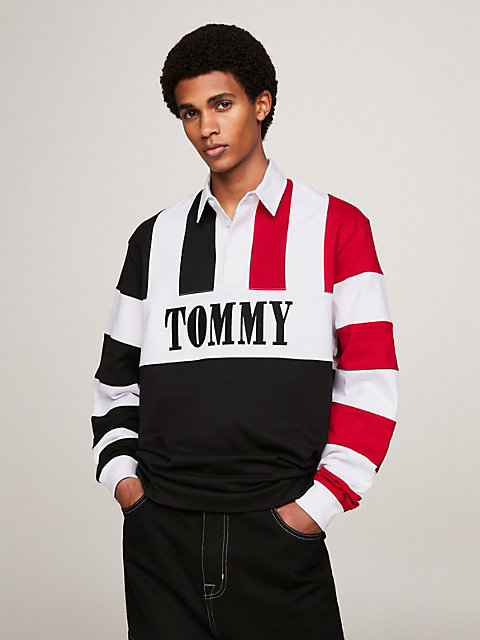 black tommy remastered dual gender stripe rugby polo for men tommy jeans