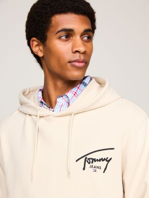 beige hoodie mit tunnelzug und signatur-logo für herren - tommy jeans