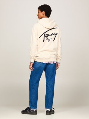 beige signature logo drawstring hoody for men tommy jeans