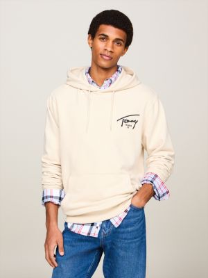 beige hoodie mit tunnelzug und signatur-logo für herren - tommy jeans