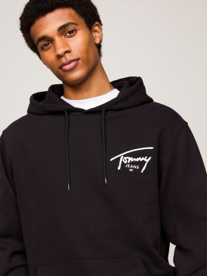 black signature logo drawstring hoody for men tommy jeans