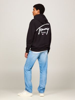 black signature logo drawstring hoody for men tommy jeans