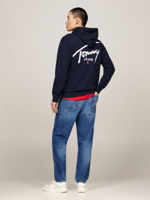 felpa con cappuccio e logo firma blu da uomini tommy jeans