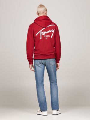 felpa con cappuccio e logo firma rosso da uomini tommy jeans