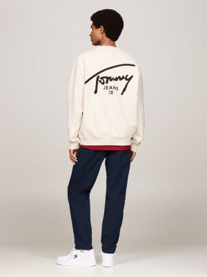 beige sweatshirt mit signatur-logo und grafik für herren - tommy jeans