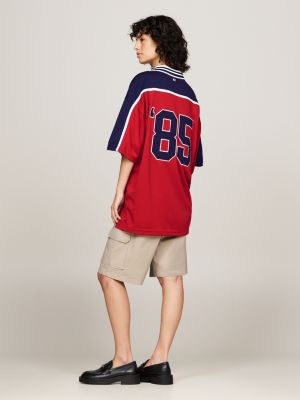 red dual gender colour-blocked logo polo for men tommy jeans