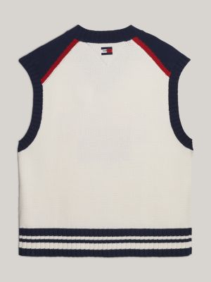 white dual gender relaxed knitted cricket vest for men tommy jeans