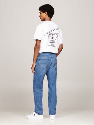 blauw slim straight jeans met faded naden voor heren - tommy jeans