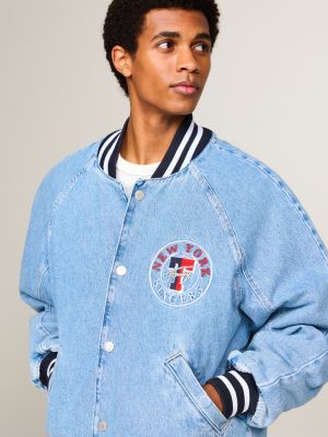 Denim varsity jacket mens sale