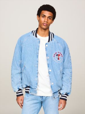 blue varsity explorer letterman denim bomber jacket for men tommy jeans