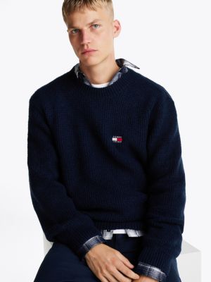 blue waffle knit crew neck jumper with wool for men tommy jeans