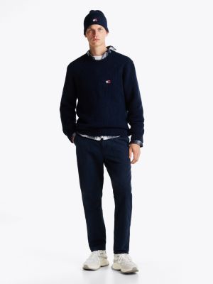 blue waffle knit crew neck jumper with wool for men tommy jeans