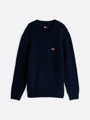 blue waffle knit crew neck jumper with wool for men tommy jeans