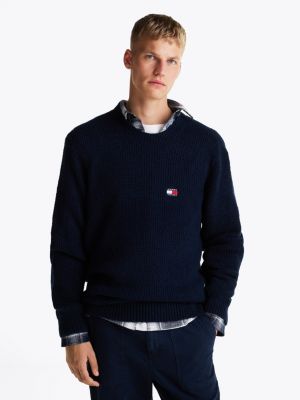 blue waffle knit crew neck jumper with wool for men tommy jeans