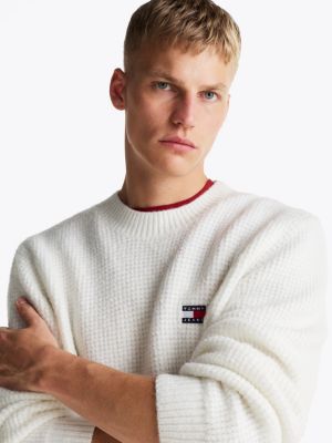 beige waffle knit crew neck jumper with wool for men tommy jeans