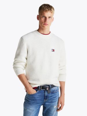 beige waffle knit crew neck jumper with wool for men tommy jeans