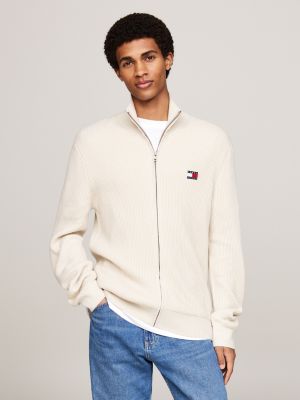 pull ajusté tommy badge zippé avec laine beige pour hommes tommy jeans