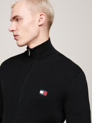 black tommy badge zip-thru slim jumper with wool for men tommy jeans