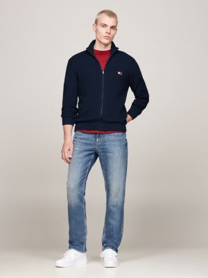 blue tommy badge zip-thru slim jumper with wool for men tommy jeans