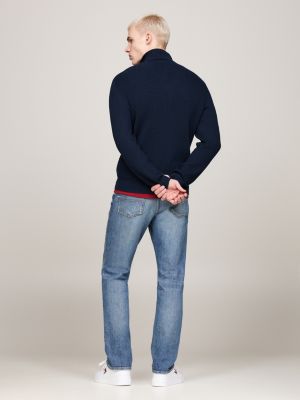 blue tommy badge zip-thru slim jumper with wool for men tommy jeans