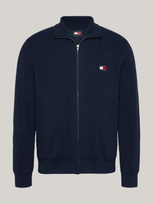 blue tommy badge zip-thru slim jumper with wool for men tommy jeans