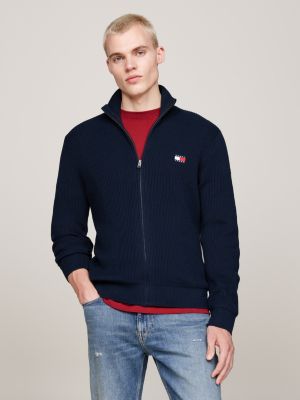 blue tommy badge zip-thru slim jumper with wool for men tommy jeans