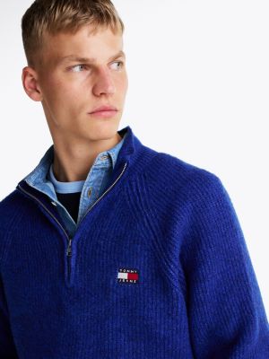 blauw trui met 1/4-rits en tommy-badge voor heren - tommy jeans