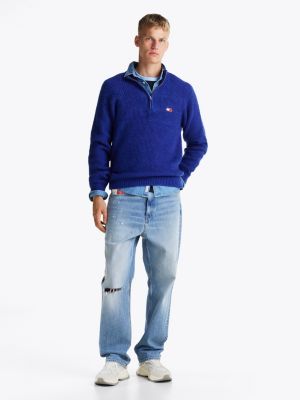 blauw trui met 1/4-rits en tommy-badge voor heren - tommy jeans