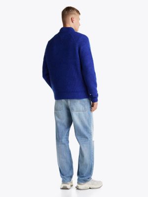 blauw trui met 1/4-rits en tommy-badge voor heren - tommy jeans