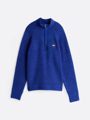blauw trui met 1/4-rits en tommy-badge voor heren - tommy jeans