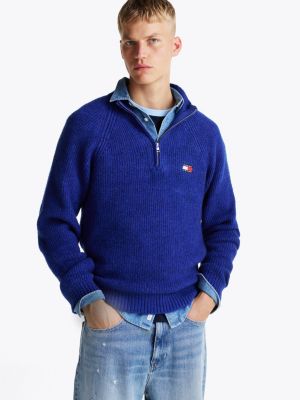 blue tommy badge quarter-zip jumper for men tommy jeans