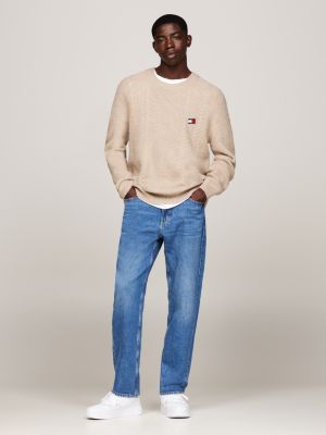 beige cable knit crew neck slim jumper for men tommy jeans